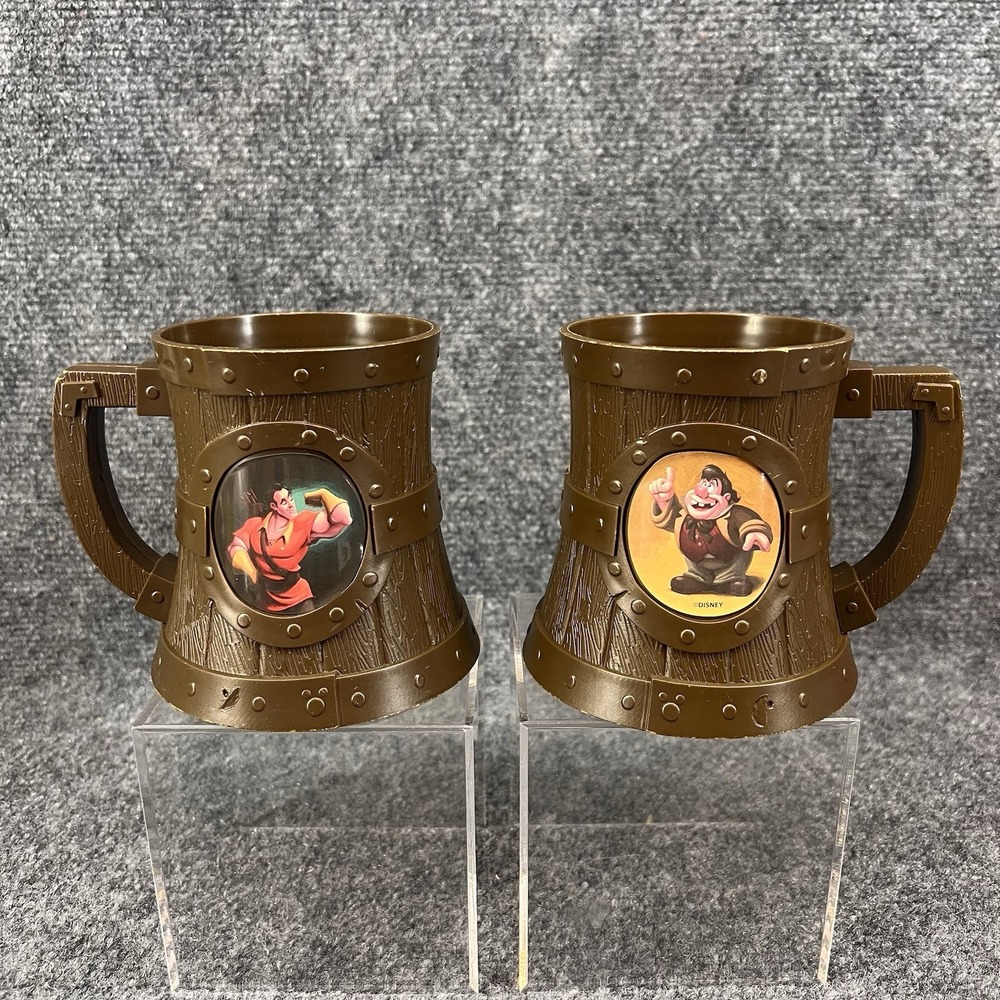 2 Disney Parks Gaston & LeFou Plastic Faux Wood Stein Mug Cup Tavern Souvenir